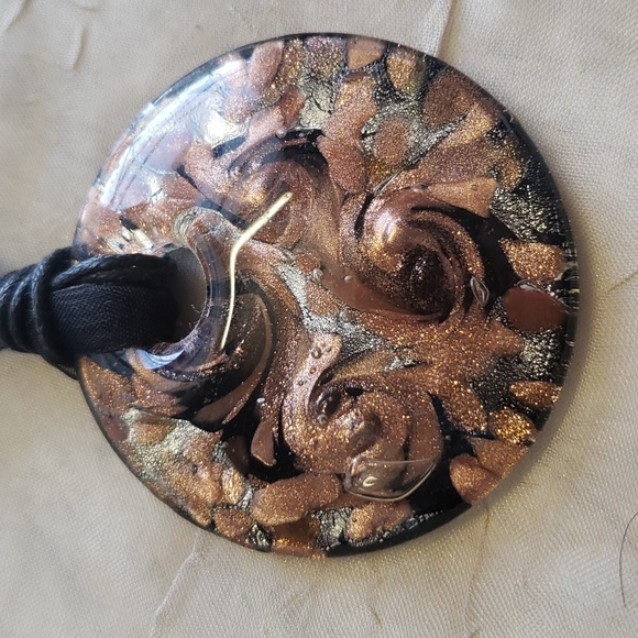 Vintage Hand Blown Glass Pendant Necklace, Sparkling Brown Gold Black Bronze. - Picture 3 of 9